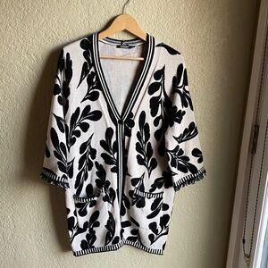 Sigrid Olsen Black and Cream Cardigan with Bold Botanical Design